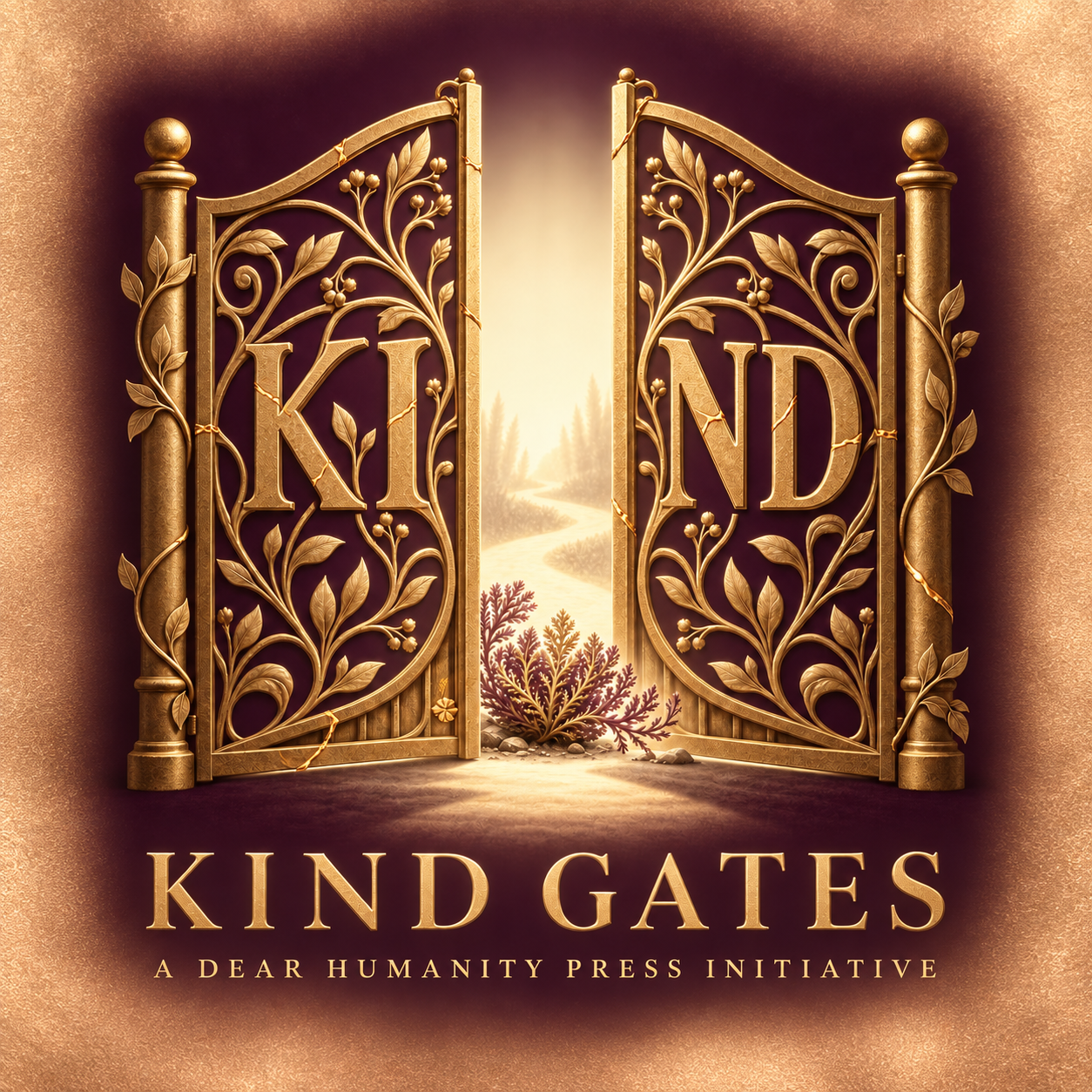 Kind Gates: two open gold gates bearing the letters KI and ND, a Dear Humanity Press initiative